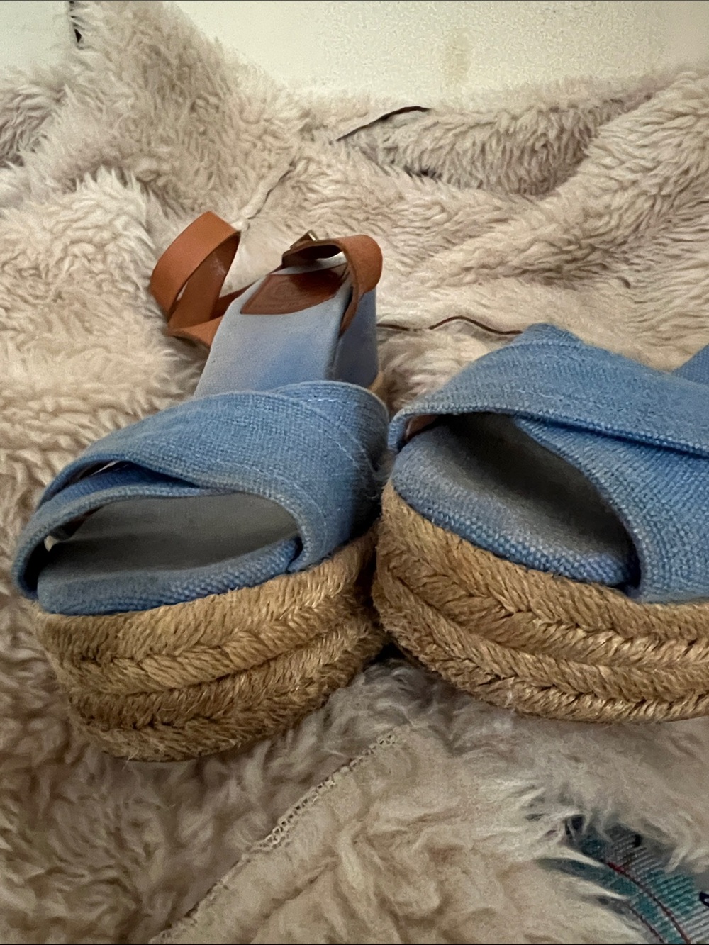 Tory Burch Blue Fabric Espadrille Wedge Sandals with Tan Straps - Picture 7 of 9